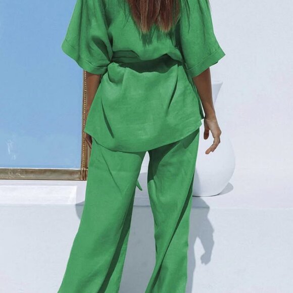 Oversized Linen Tied Two Piece Pants set Green - Picture 3 of 4